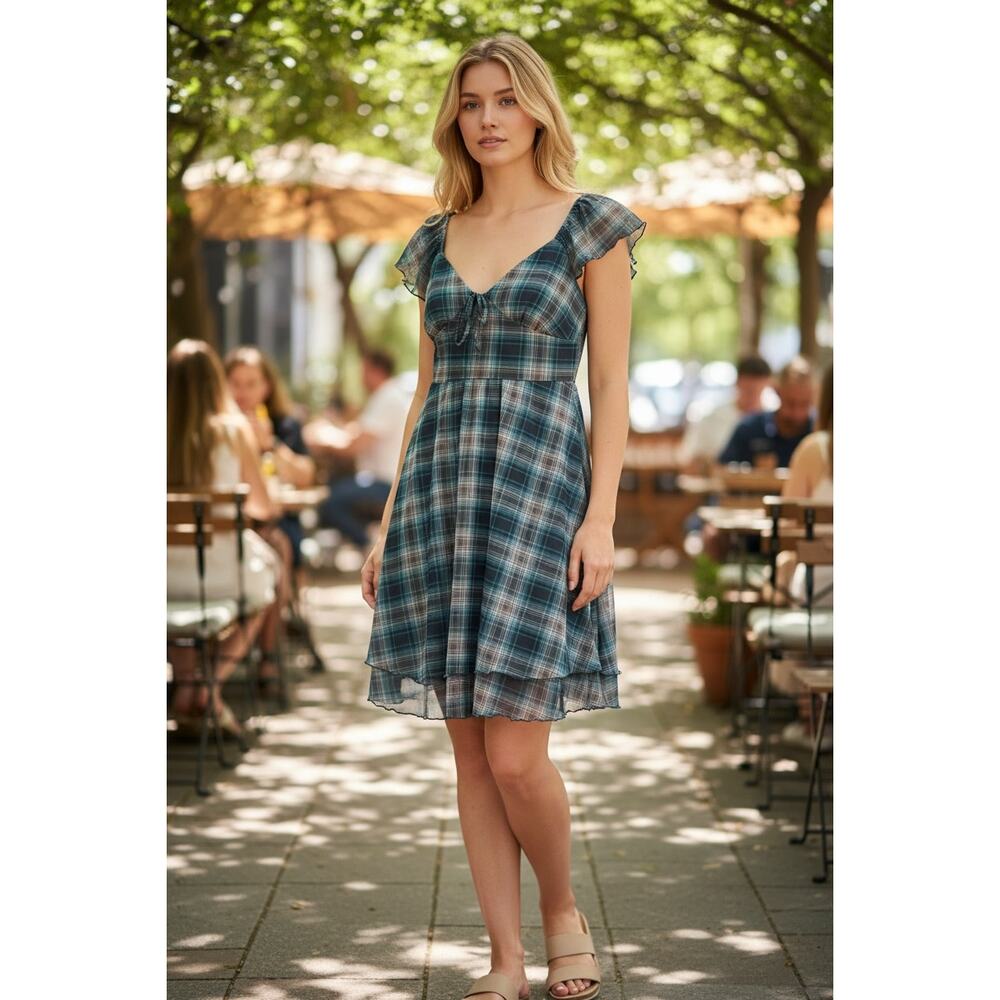 2/$30 WILD FABLE Mini Dress Size S Flutter Short Sleeve Flare Skater Blue Plaid